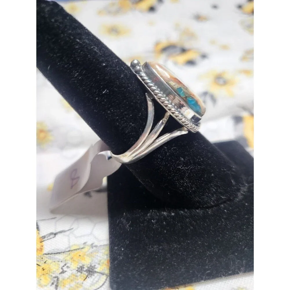 Sterling Silver Spiny Oyster Copper Turquoise Teardrop Ring